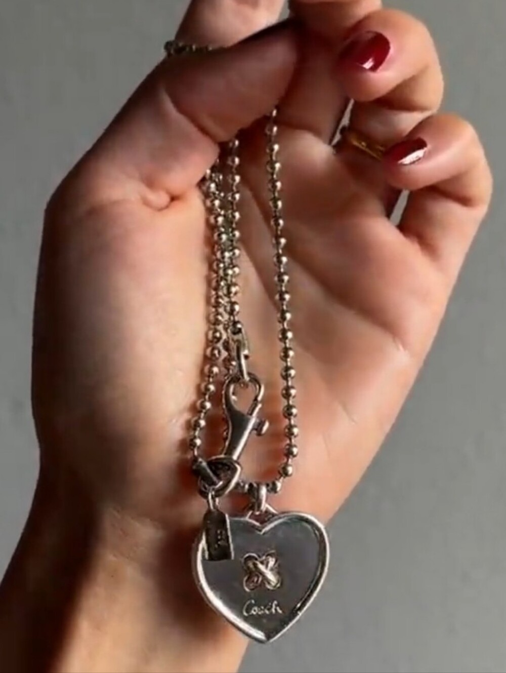 Coach Sterling Silver Heart Button Pendant Ball Chain Necklace Rare Vintage - Picture 1 of 8